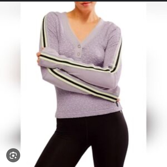 Free People Lavender Button Down Top with Striped Sleeves - Picture 4 of 5